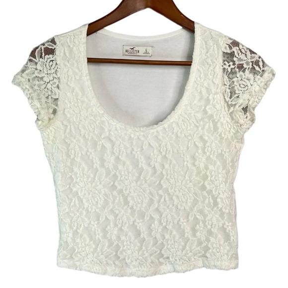HOLLISTER Lace Overlay Crop T-Shirt Ivory White L - Picture 2 of 10
